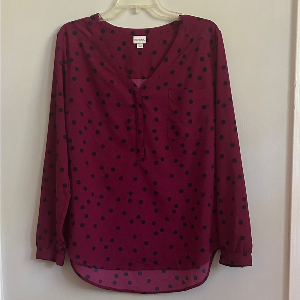 Merona Maroon Top with Dark Blue Dots